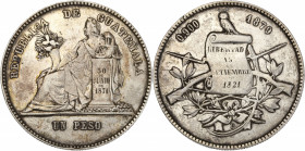 Guatemala - silver - 1 peso
1879 - D
A/ REPUBLICA DE GUATEMALA UN PESO 
R/ 0900 D 1879
24.83g - 37.42mm - Very fine - old cleaned