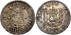 Mexico - Carlos III - silver - 1/2 real 
1763 - Mexico 
A/ CAR III D G HISP ETIND R
R/ VTRA QUE VNVM 1763
1.67g - 15.99mm - Good extremely fine