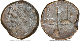 SICILY. Syracuse. Hieron II (ca. 275-215 BC). AE litra (18mm, 1h). NGC Choice VF. Head of Poseidon left, wearing taenia / ΙΕΡΩ-ΝΟΣ/Θ-Φ, trident head, ...