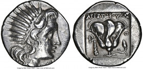 CARIAN ISLANDS. Rhodes. Ca. 188-170 BC. AR drachm (15mm, 12h). NGC XF. Plinthophoric standard, Aristoboulus, magistrate. Radiate head of Helios right ...