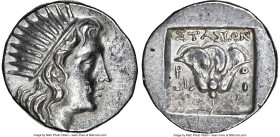 CARIAN ISLANDS. Rhodes. Ca. 188-170 BC. AR drachm (15mm, 11h). NGC XF brushed. Plinthophoric standard, Stasion, magistrate. Radiate head of Helios rig...