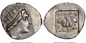CARIAN ISLANDS. Rhodes. Ca. 88-84 BC. AR drachm (17mm, 12h). NGC Choice AU. Plinthophoric standard, Philon, magistrate. Radiate head of Helios right /...
