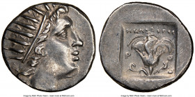 CARIAN ISLANDS. Rhodes. Ca. 88-84 BC. AR drachm (15mm, 11h). NGC AU. Plinthophoric coinage, Menodorus, magistrate. Radiate head of Helios right / MHNO...