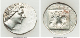 CARIAN ISLANDS. Rhodes. Ca. 88-84 BC. AR drachm (15mm, 2.50 gm, 12h). AU. Plinthophoric standard, Thrasymedes, magistrate. Radiate head of Helios righ...