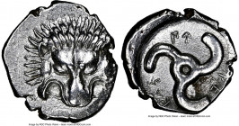 LYCIAN DYNASTS. Pericles (ca. 390-360 BC). AR third-stater (17mm, 2.86 gm, 9h). NGC Choice AU 4/5 - 3/5. Uncertain mint. Lion scalp facing / Π↑P-EK-Λ↑...