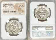 SASANIAN KINGDOM. Khusro II (AD 591-628). AR drachm (31mm, 3h). NGC Choice AU. Bust of Khusro II right, wearing mural crown with frontal crescent, two...