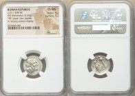 Anonymous. Ca. 211-208 BC. AR victoriatus (18mm, 3.33 gm, 11h). NGC Choice MS 5/5 - 5/5. Laureate head of Jupiter right; dotted border / ROMA, Victory...