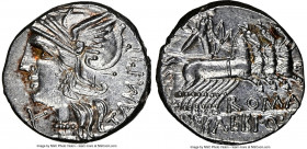 M. Baebius Q.f. Tampilus (ca. 137 BC). AR denarius (17mm, 3.93 gm, 11h). NGC MS 4/5 - 5/5. Head of Roma left in winged helmet decorated with griffin c...