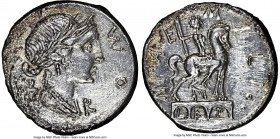 Mn. Aemilius Lepidus (ca. 114-113 BC). AR denarius (18mm, 3.86 gm, 4h). NGC AU 5/5 - 1/5, scratches. Rome. ROMA (MA ligate), laureate, draped bust of ...