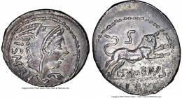 L. Thorius Balbus (ca. 105 BC). AR denarius (21mm, 3.90 gm, 10h). NGC AU 4/5 - 4/5. Rome. I•S•M•R, head of Juno Sospita right, clad in goat skin / L•T...