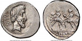 L. Titurius L.f. Sabinus (89 BC). AR denarius (19mm, 10h). NGC XF. Rome. SABIN, Bare head of King Tatius right, TA monogram before / L•TITVRI, two Rom...