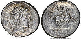 Pub. Crepusius (ca. 82 BC). AR denarius (18mm, 3.90 gm, 1h). NGC AU 4/5 - 1/5, scratches. Rome. Laureate head of Apollo right; scepter over shoulder; ...