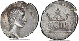 Augustus (27 BC-AD 14). AR denarius (20mm, 3.70 gm, 9h). NGC AU 4/5 - 3/5, marks. North Peloponnesian(?), ca. 21 BC. AVGVSTVS, bare head of Augustus r...
