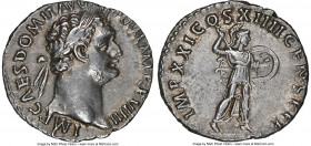 Domitian (AD 81-96). AR denarius (18mm, 3.23 gm, 6h). NGC Choice XF 5/5 - 3/5. Rome, AD 88-89. IMP CAES DOMIT AVG-GERM P M TR P VIIII, laureate head o...