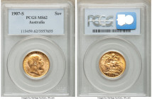 Edward VII gold Sovereign 1907-S MS62 PCGS, Sydney mint, KM15. Opaque milky sheen on otherwise lustrous golden surface. 

HID09801242017

© 2020 H...