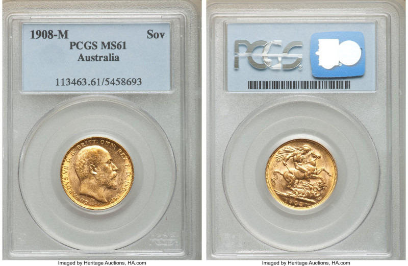 Edward VII gold Sovereign 1908-M MS61 PCGS, Melbourne mint, KM15. Conservatively...