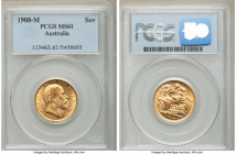 Edward VII gold Sovereign 1908-M MS61 PCGS, Melbourne mint, KM15. Conservatively graded. 

HID09801242017

© 2020 Heritage Auctions | All Rights R...