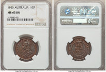 George V 1/2 Penny 1925-(m) MS63 Brown NGC, Melbourne mint, KM22. Lamination on temple and cheek, mahogany brown with teal tone. 

HID09801242017
...