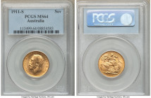 George V gold Sovereign 1911-S MS64 PCGS, Sydney mint, KM29. AGW 0.2355 oz. 

HID09801242017

© 2020 Heritage Auctions | All Rights Reserved