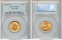 George V gold Sovereign 1911-M MS63 PCGS, Melbourne mint, KM29.

HID09801242017

© 2020 Heritage Auctions | All Rights Reserved