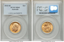 George V gold Sovereign 1915-M MS64 PCGS, Melbourne mint, KM29. Attractive and exceptional eye-appeal supporting cantaloupe and honeydew toning. 

H...