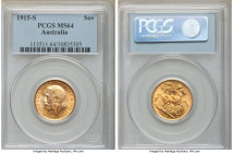 George V gold Sovereign 1915-S MS64 PCGS, Sydney mint, KM29. AGW 0.2355 oz. 

HID09801242017

© 2020 Heritage Auctions | All Rights Reserved