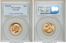 George V gold Sovereign 1918-M MS63 PCGS, Melbourne mint, KM29. Shimmering luster. AGW 0.2355 oz. 

HID09801242017

© 2020 Heritage Auctions | All...
