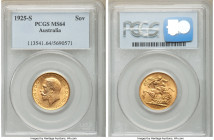 George V gold Sovereign 1925-S MS64 PCGS, Sydney mint, KM29. AGW 0.2355 oz. 

HID09801242017

© 2020 Heritage Auctions | All Rights Reserved
