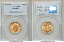 George V gold Sovereign 1925-M MS64 PCGS, Melbourne mint, KM29. AGW 0.2355 oz. 

HID09801242017

© 2020 Heritage Auctions | All Rights Reserved