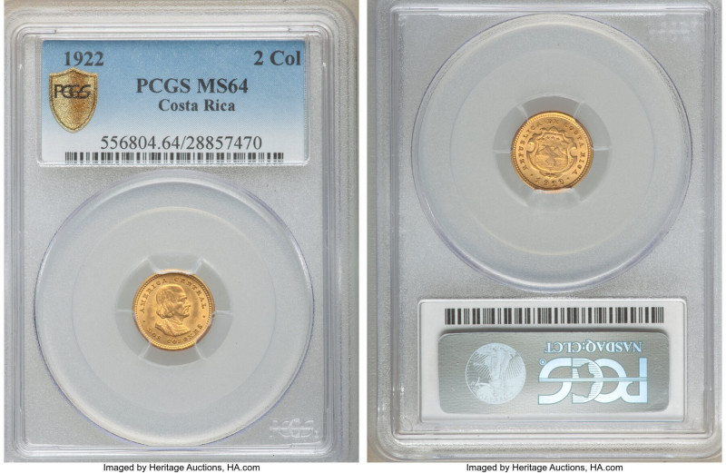Republic gold 2 Colones 1922-(P) MS64 PCGS, Philadelphia mint, KM139. Faded moss...