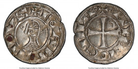 Principality of Antioch. Bohemond III Pair of Certified "Helmet" Denier ND (1163-1201) PCGS, Antioch mint, 17mm. (1) AU58 and (1) AU55. Bohemond III h...