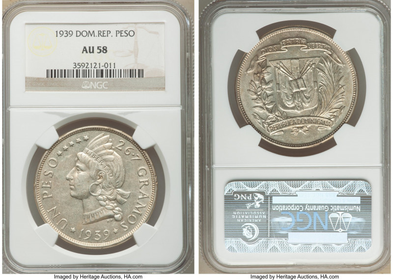 Republic Peso 1939 AU58 NGC, Philadelphia mint, KM22. Mintage: 15,000. Scarce tw...