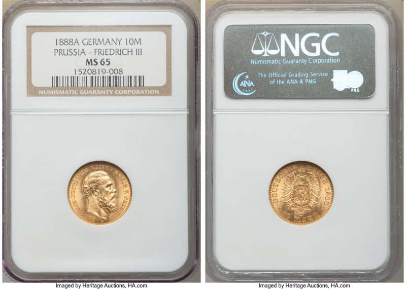 Prussia. Friedrich III gold 10 Mark 1888-A MS65 NGC, Berlin mint, KM514. Caramel...