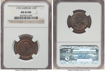 George III Farthing 1799-SOHO MS65 Brown NGC, Soho mint, KM646. Chestnut brown color with mint bloom and residual red color in legends, couple of obve...