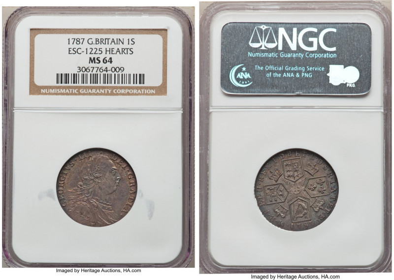 George III Shilling 1787 MS64 NGC, KM607.2, S-3746, ESC-1225. With hearts in Han...