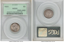 William IV 6 Pence 1831 MS66 PCGS, KM712, S-3836. Fully detailed strike, bathed in ash-gray surfaces with burnt-sienna and silver-blue accents. 

HI...