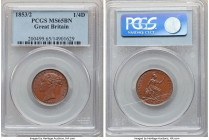 Victoria Farthing 1853/2 MS65 Brown PCGS, cf. KM725 (unlisted overdate), S-3950 (same). WW designer's initials raised. Mahogany brown with silver-blue...