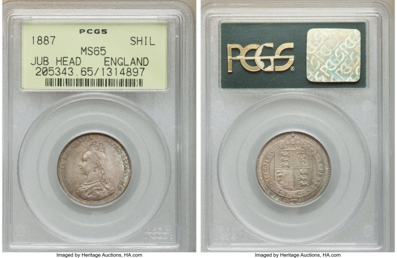 Victoria Shilling 1887 MS65 PCGS, KM761, S-3926. Jubilee head variety. Blue and ...