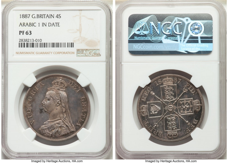Victoria Proof Double Florin 1887 PR63 NGC, KM763, S-3923. Arabic 1 in date..
...