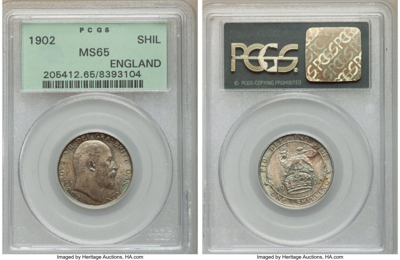 Edward VII Shilling 1902 MS65 PCGS, KM800, S-3982. First year of type. 

HID09...