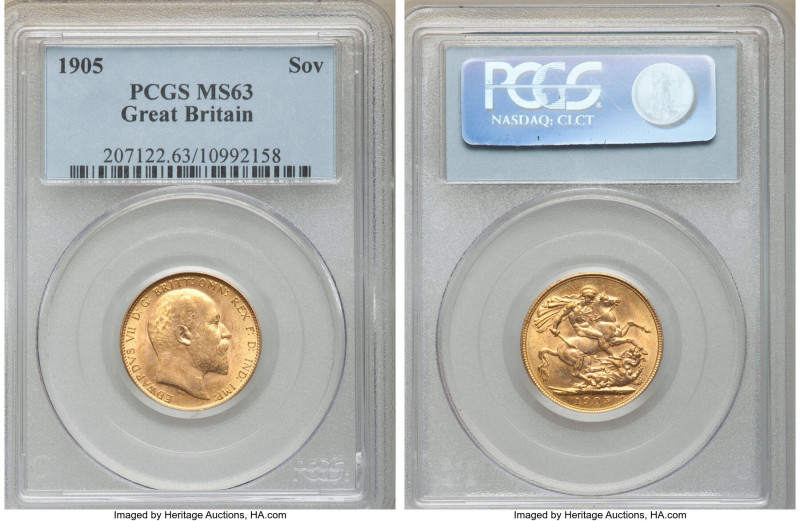 Edward VII gold Sovereign 1905 MS63 PCGS, KM805. Peripheries lightly accented in...