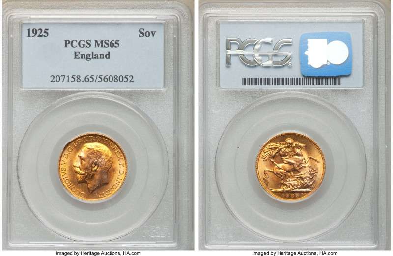 George V gold Sovereign 1925 MS65 PCGS, KM820. Glimmering golden example with pi...