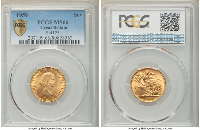 Elizabeth II gold Sovereign 1959 MS66 PCGS, KM908, S-4125. AGW 0.2355 oz. 

HI...