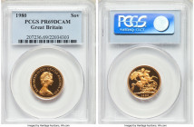 Elizabeth II gold Proof Sovereign 1980 PR69 Deep Cameo PCGS, KM919. Nearly perfect with black contrasting fields and frosted devices. 

HID098012420...