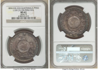 Republic Counterstamped Peso 1894 MS63 NGC, KM224. Guatemala 1/2 Real counterstamp upon Peru Republic Sol 1894-TF. Gunmetal toning with champagne high...