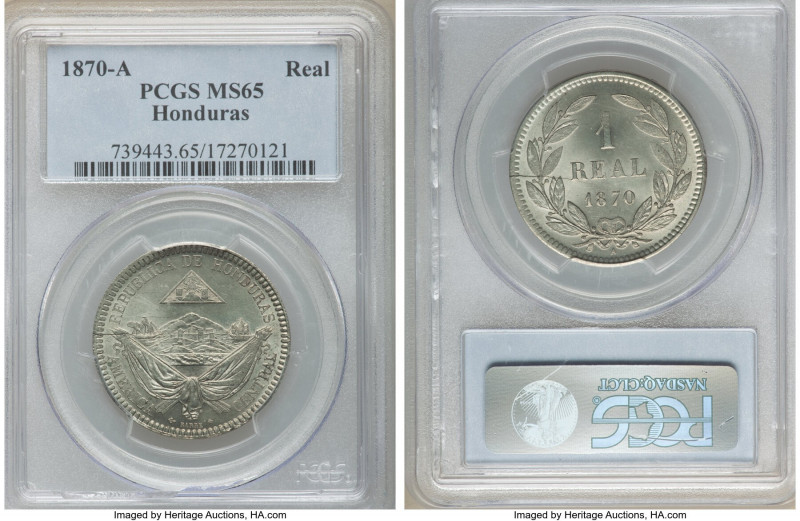 Republic Real 1870-A MS65 PCGS, Paris mint, KM33. An outstanding representation ...
