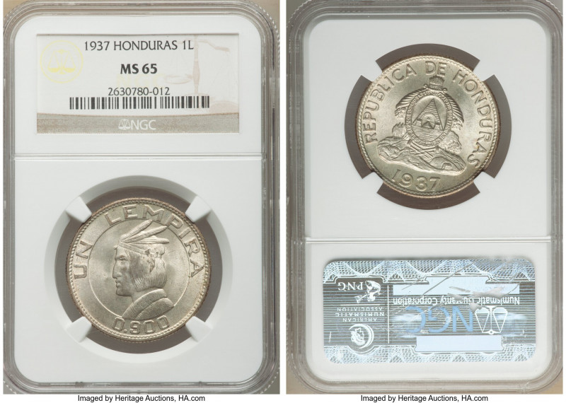 Republic Lempira 1937 MS65 NGC, KM75. Lightly toned golden and argent toning wit...