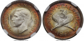 George VI 3 Pence 1942 MS66 S NGC, KM7. A virtually perfect example of this type. Brilliant white centers with gold and red toning at the peripheries....