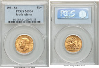 George V gold Sovereign 1931-SA MS64 PCGS, Pretoria mint, KM-A22, S-4004. Pale avocado and rose toning. AGW 0.2355 oz. 

HID09801242017

© 2020 He...