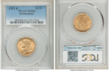 Confederation gold 20 Francs 1922-B MS66 PCGS, Bern mint, KM35.1. AGW 0.1867 oz. 

HID09801242017

© 2020 Heritage Auctions | All Rights Reserved